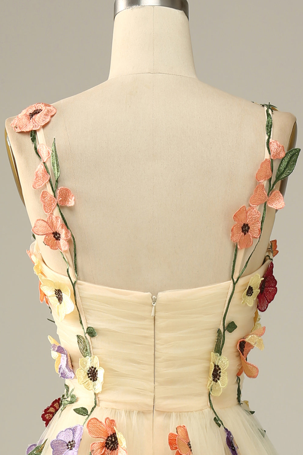 Champagne Spaghetti Straps Prom Dress With 3D Flowers - Fashionpara