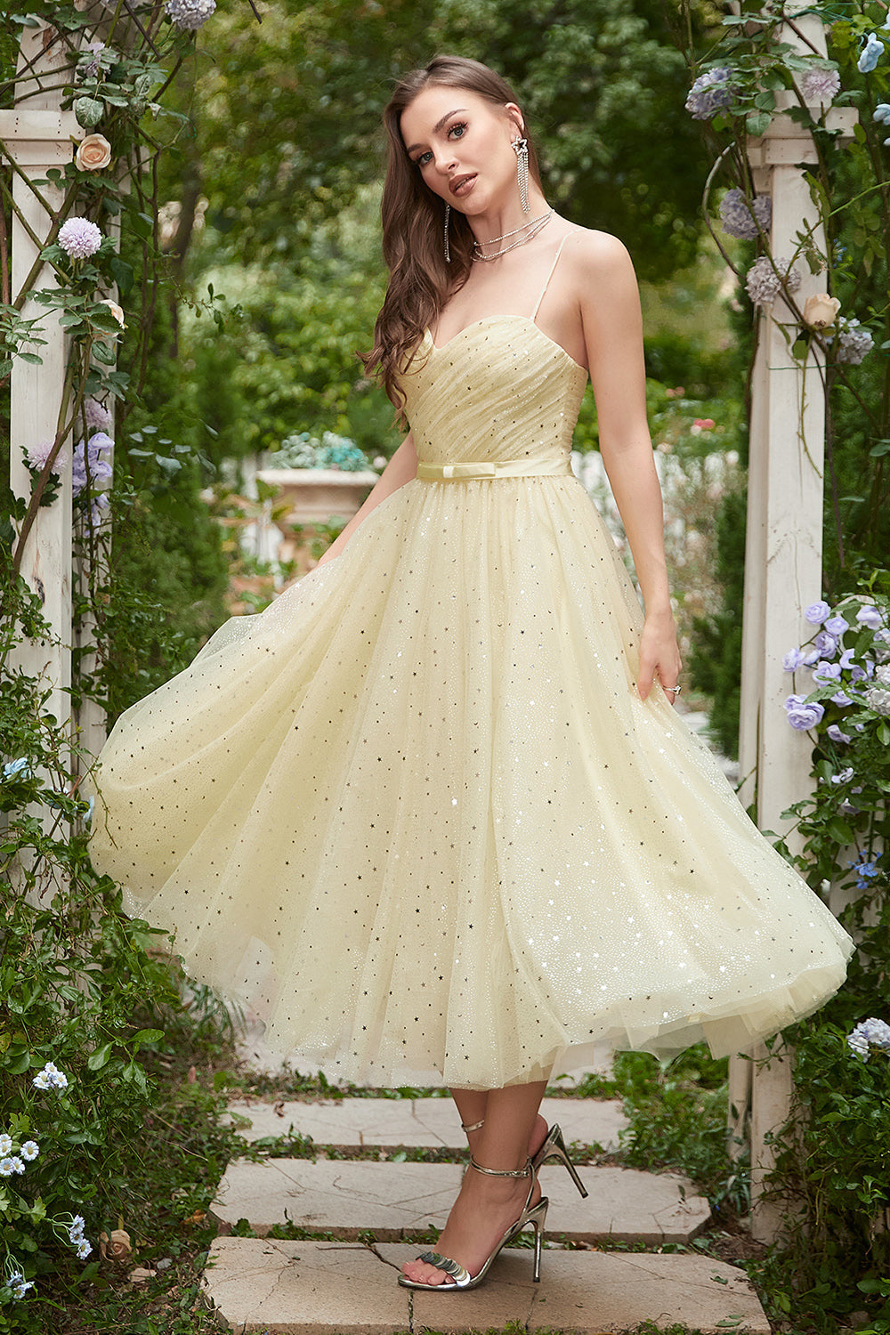 Yellow Spaghetti Straps Tea Length Prom Dress - Fashionpara