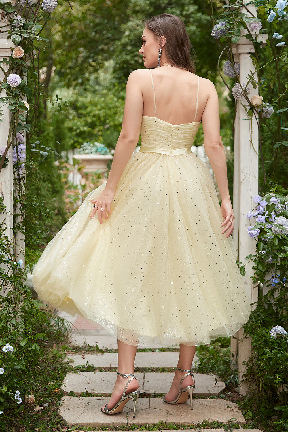 Yellow Spaghetti Straps Tea Length Prom Dress - Fashionpara