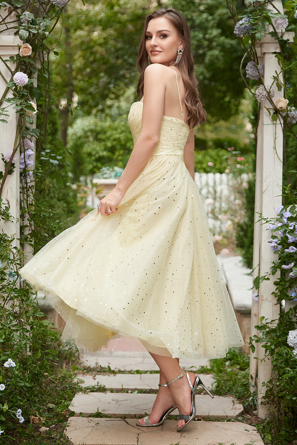 Yellow Spaghetti Straps Tea Length Prom Dress - Fashionpara