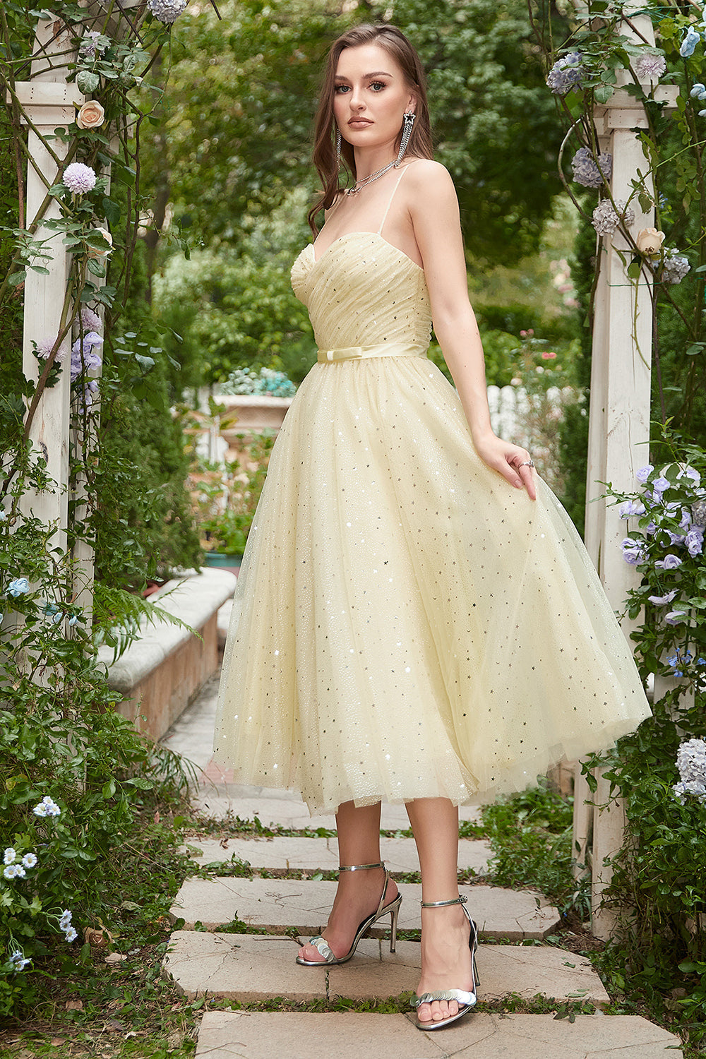 Yellow Spaghetti Straps Tea Length Prom Dress - Fashionpara