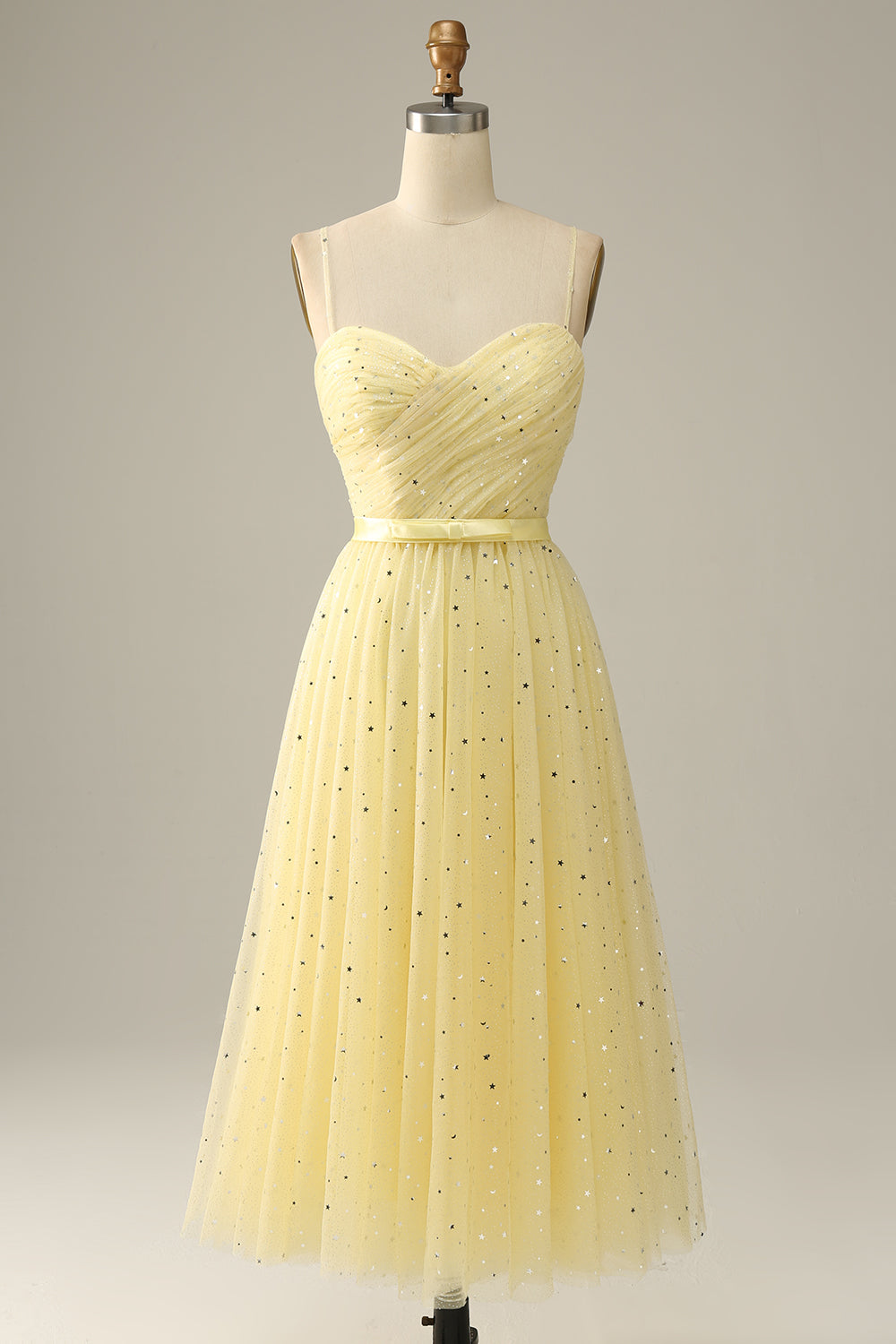 Yellow Spaghetti Straps Tea Length Prom Dress - Fashionpara