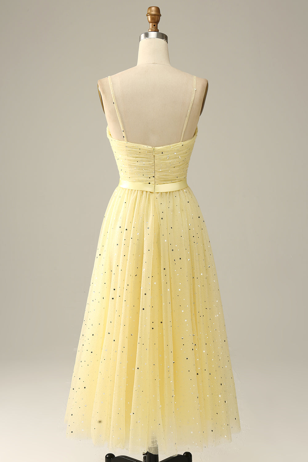 Yellow Spaghetti Straps Tea Length Prom Dress - Fashionpara