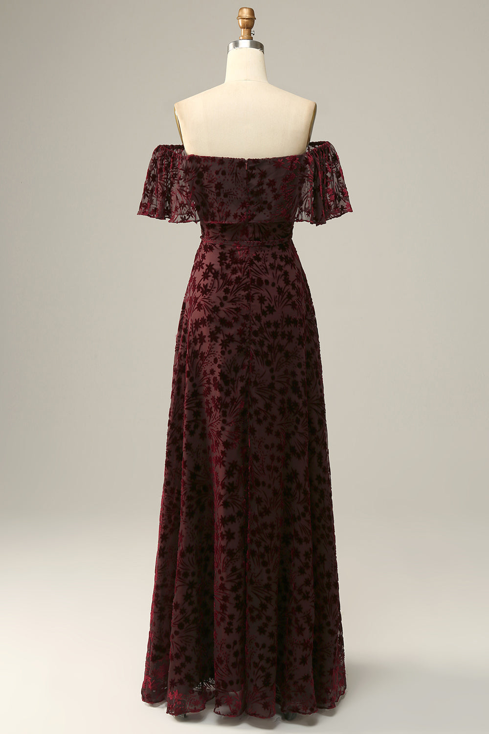 Burgundy Flower Off The Shoulder Evening Dress - Fashionpara