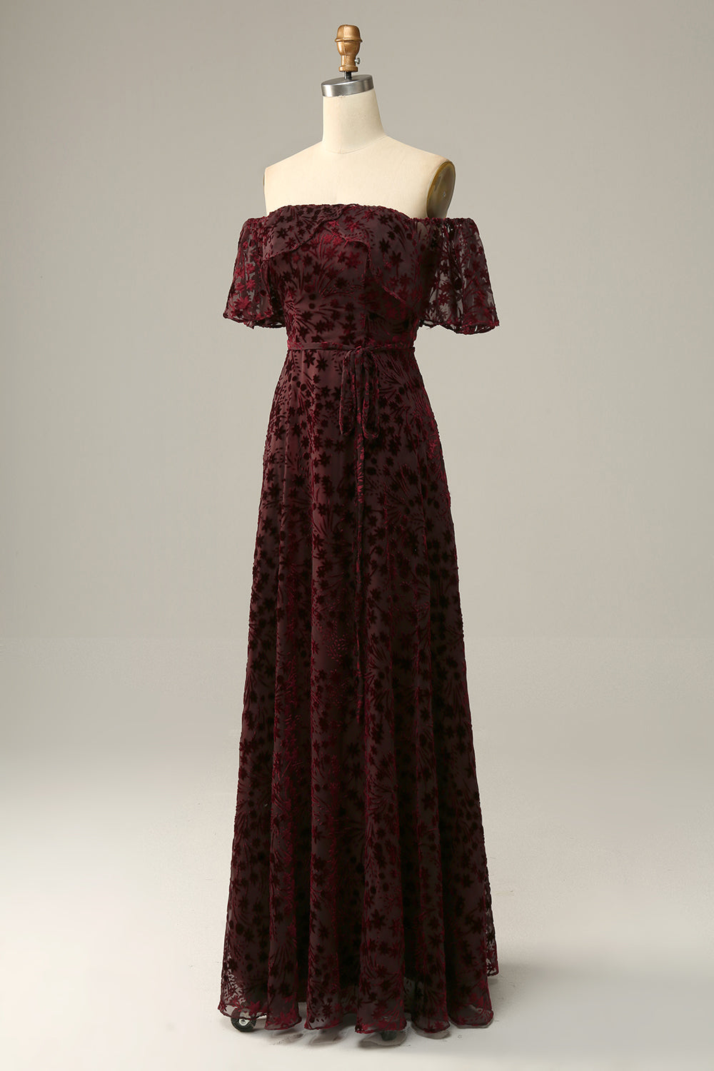 Burgundy Flower Off The Shoulder Evening Dress - Fashionpara