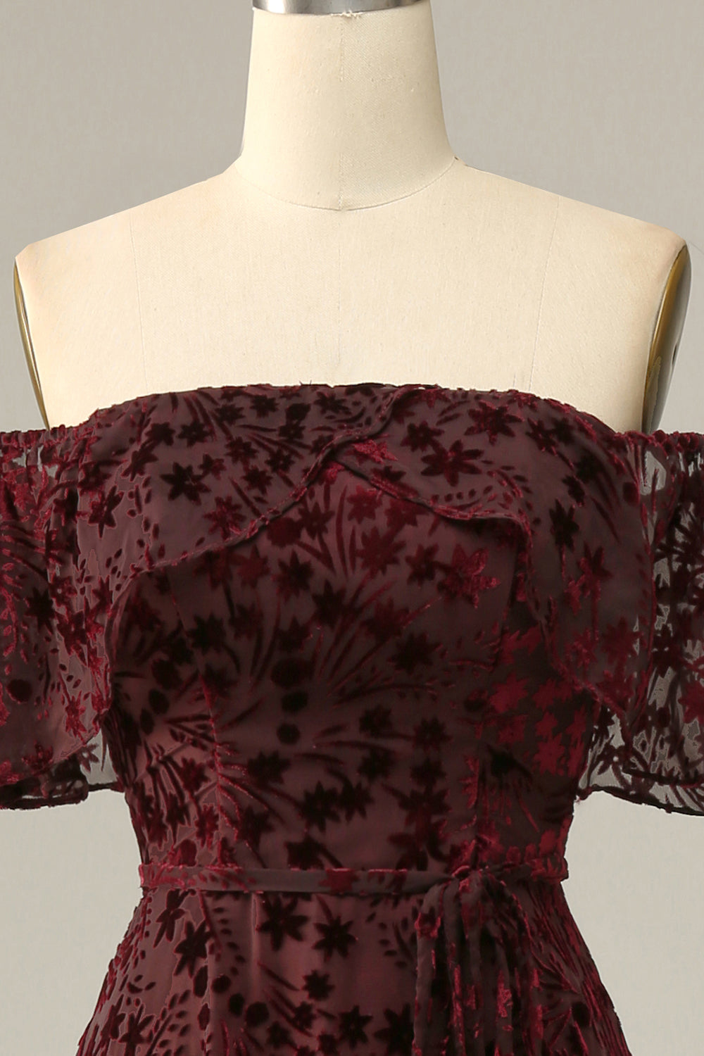 Burgundy Flower Off The Shoulder Evening Dress - Fashionpara