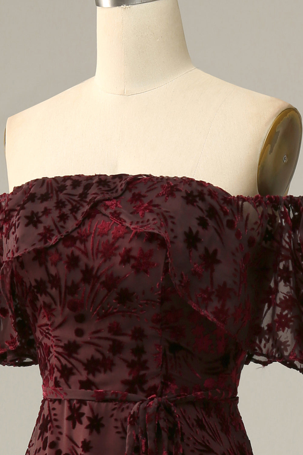 Burgundy Flower Off The Shoulder Evening Dress - Fashionpara