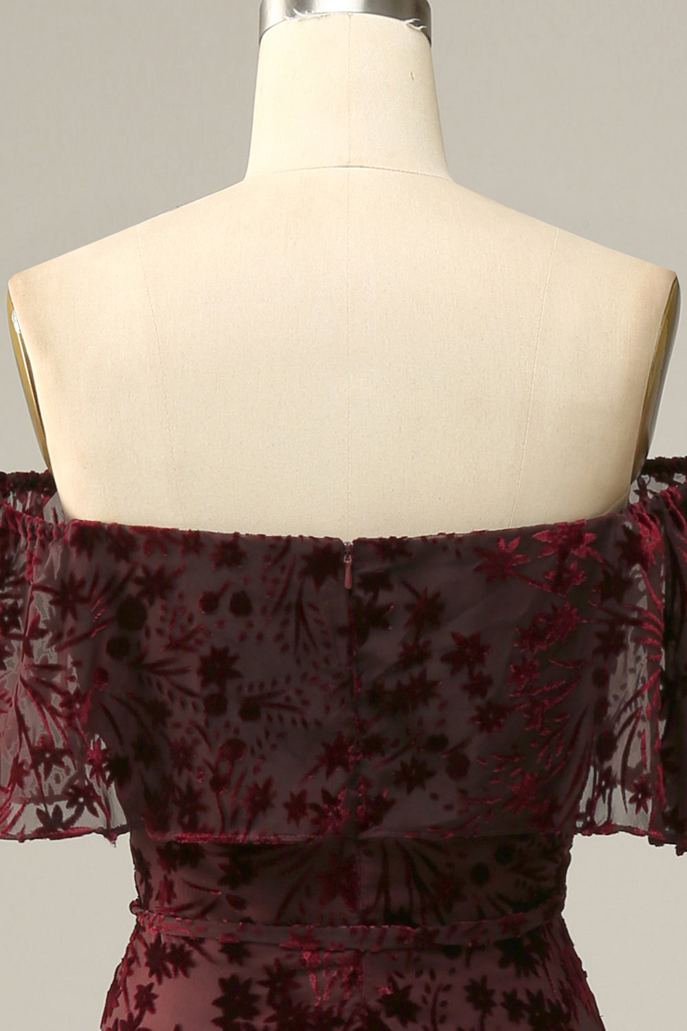 Burgundy Flower Off The Shoulder Evening Dress - Fashionpara