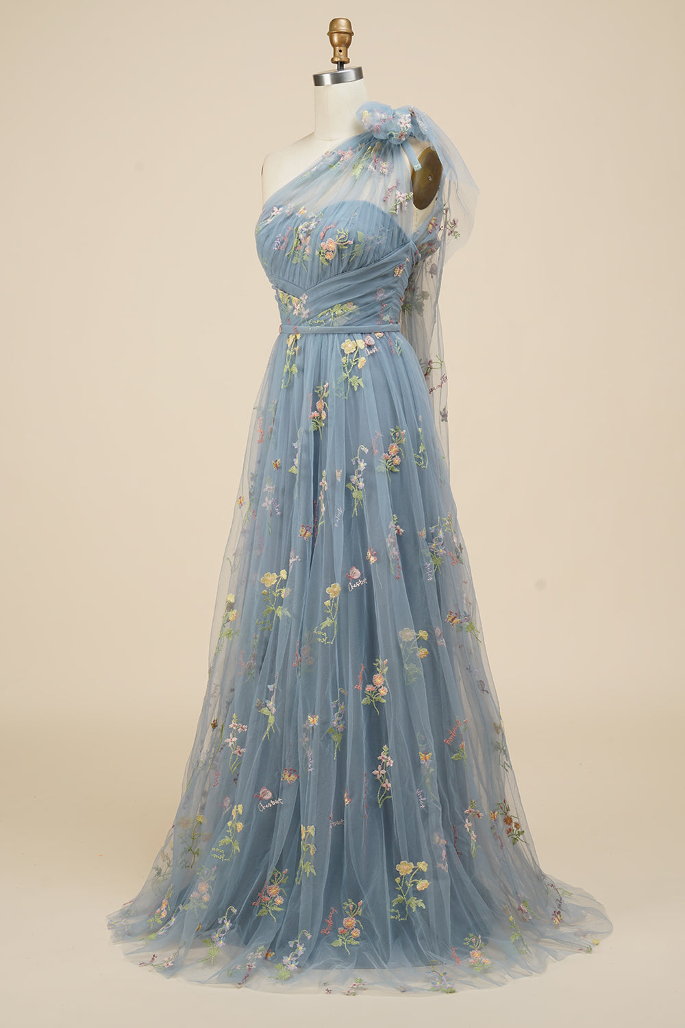 A-Line One Shoulder Black Floor Length Prom Dress With Embroidery