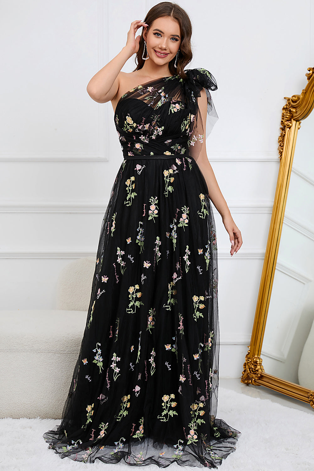 A-Line One Shoulder Black Floor Length Prom Dress With Embroidery