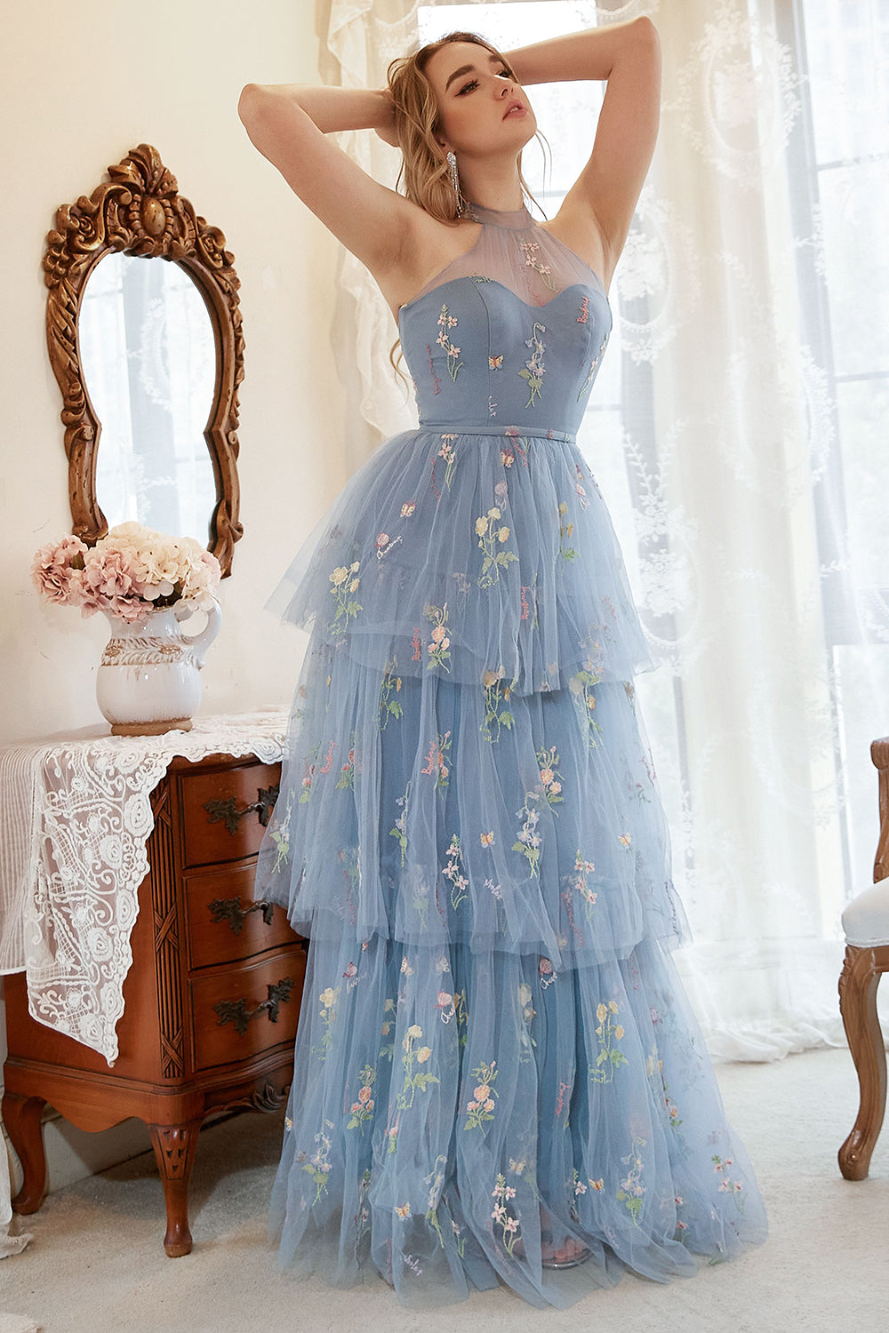 A Line Halter Grey Blue Plus Size Prom Dress with Embroidery - Fashionpara
