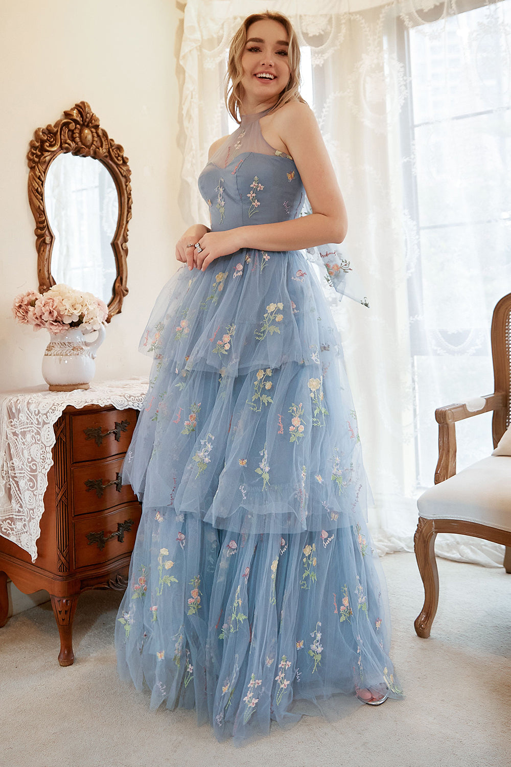 A Line Halter Grey Blue Plus Size Prom Dress with Embroidery - Fashionpara