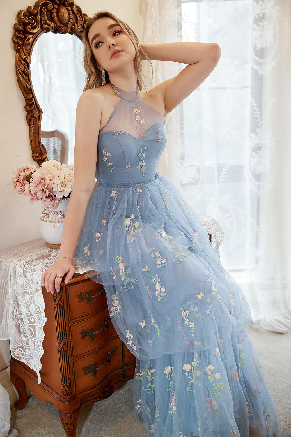 A Line Halter Grey Blue Plus Size Prom Dress with Embroidery - Fashionpara