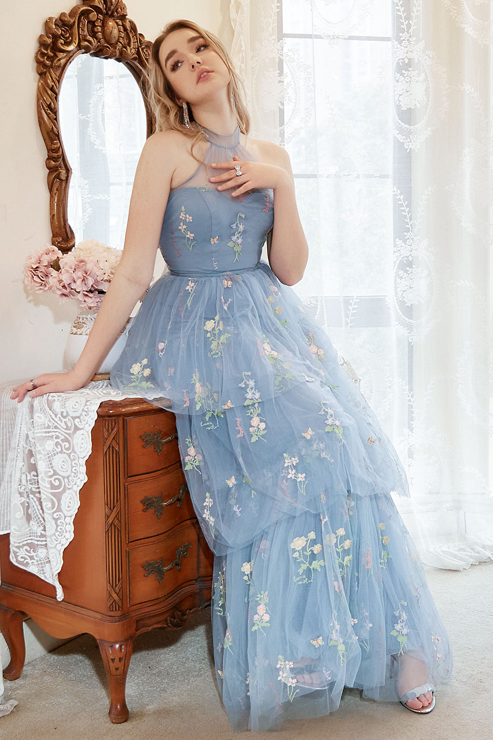 A Line Halter Grey Blue Plus Size Prom Dress with Embroidery - Fashionpara