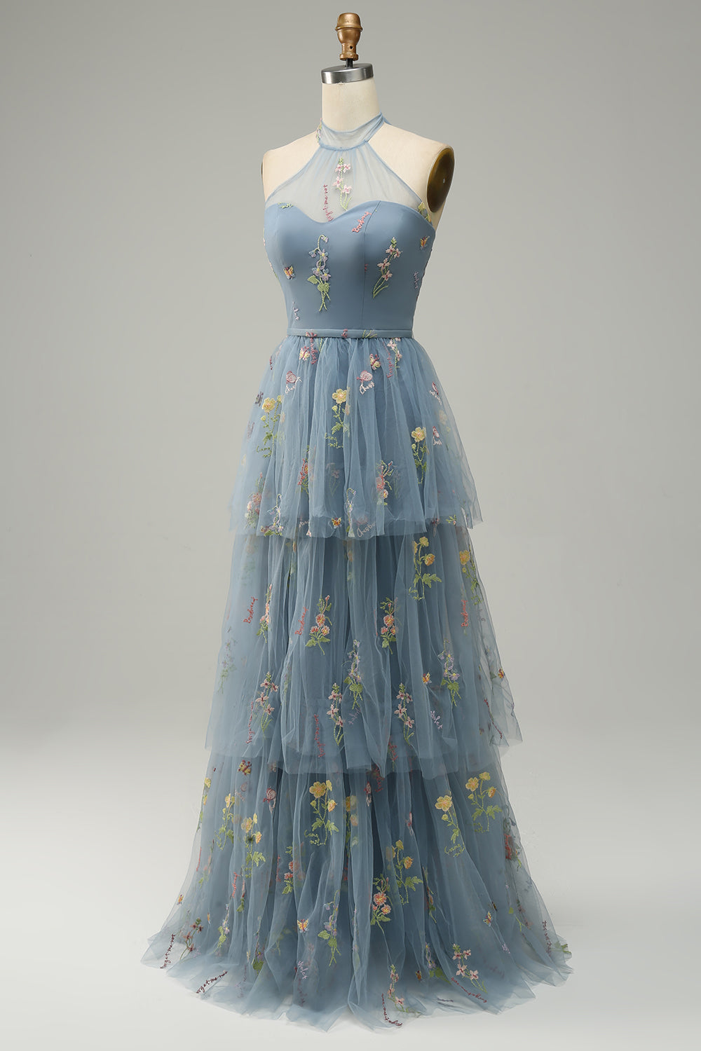 Halter A Line Tulle Prom Dress with Embroidery - Fashionpara