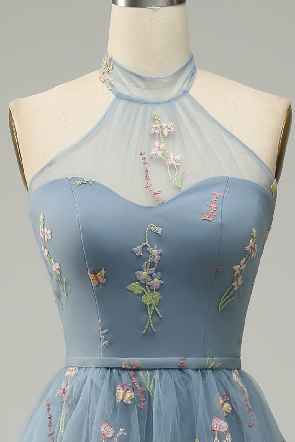 Halter A Line Tulle Prom Dress with Embroidery - Fashionpara