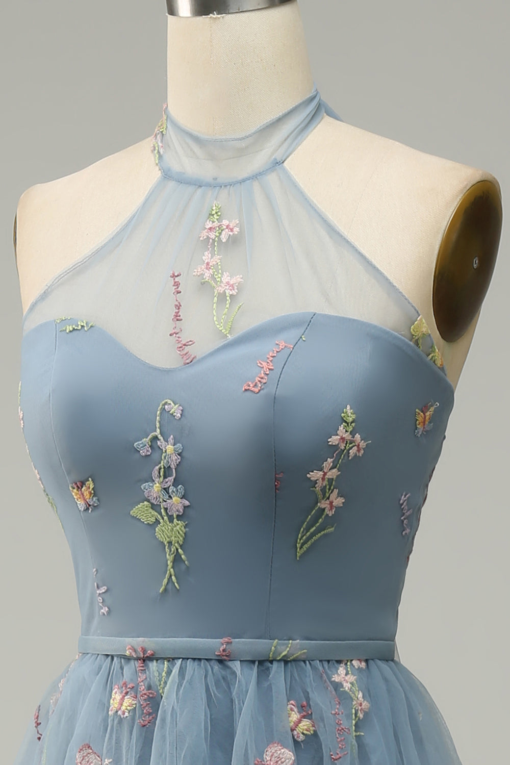 Halter A Line Tulle Prom Dress with Embroidery - Fashionpara