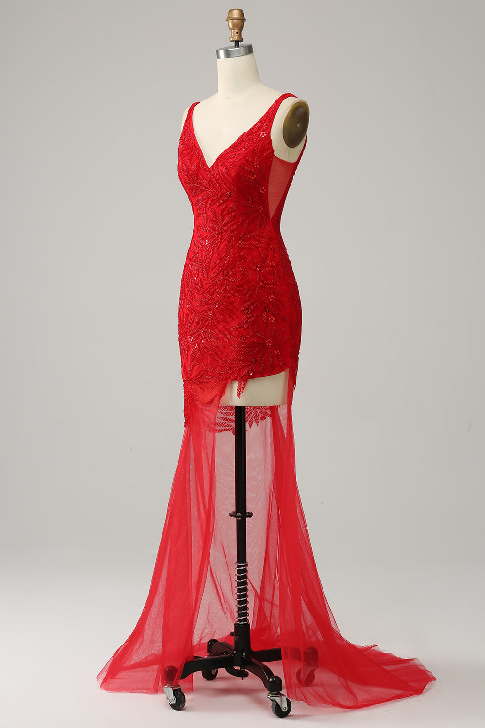 Mermaid V Neck Red Long Prom Dress with Embroidery - Fashionpara