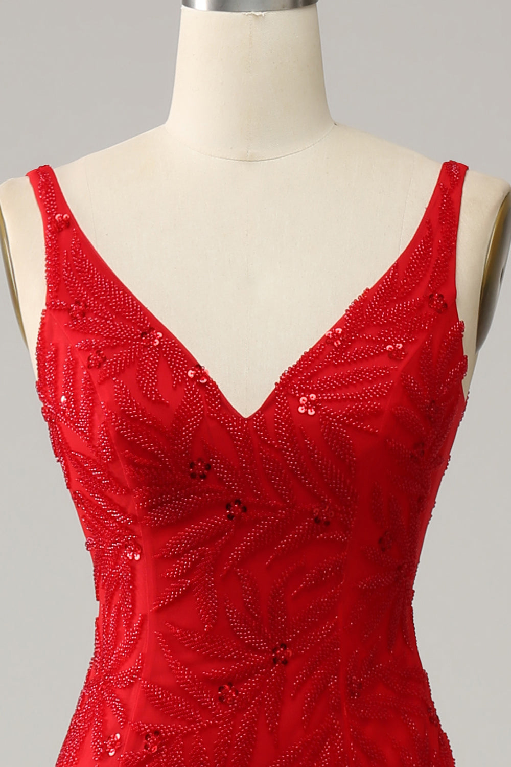 Mermaid V Neck Red Long Prom Dress with Embroidery - Fashionpara