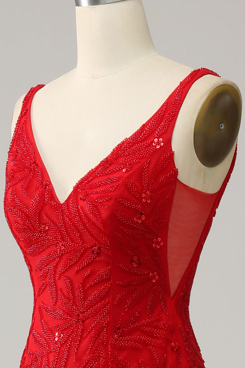 Mermaid V Neck Red Long Prom Dress with Embroidery - Fashionpara