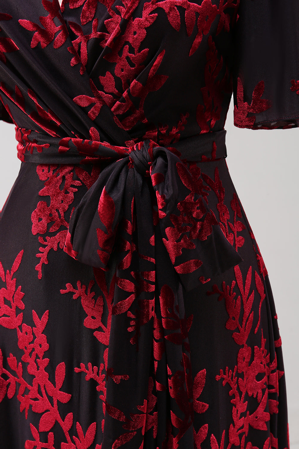 Pine A Line V Neck Burnout Velvet Long Prom Dress with Short Sleeves