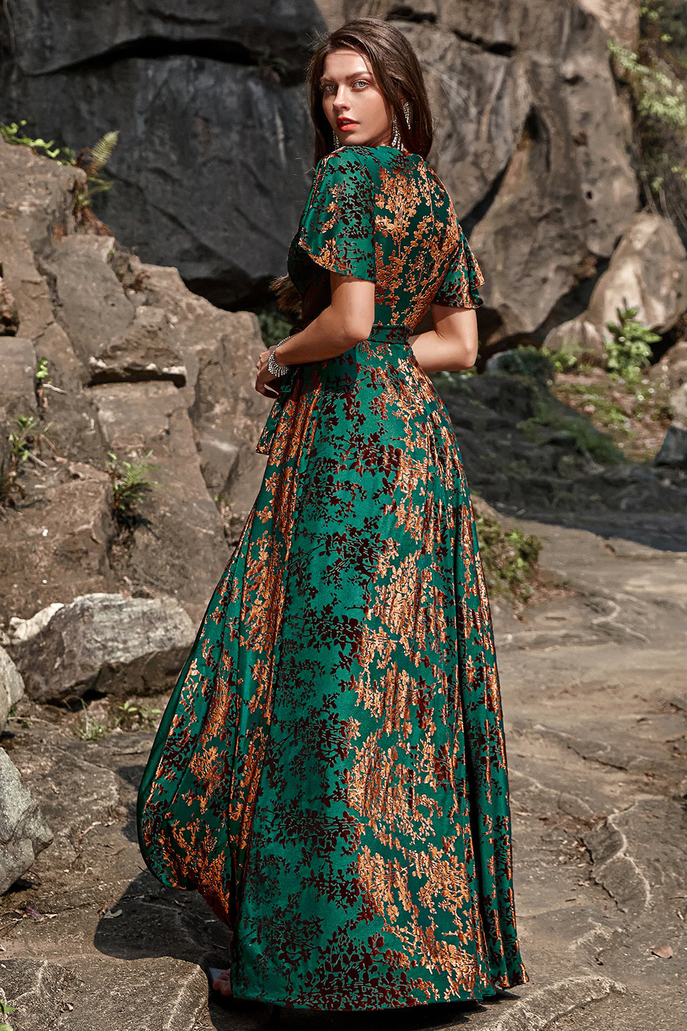 Golden Purple Velvet Burnout V-Neck A-Line Long Wedding Guest Dress