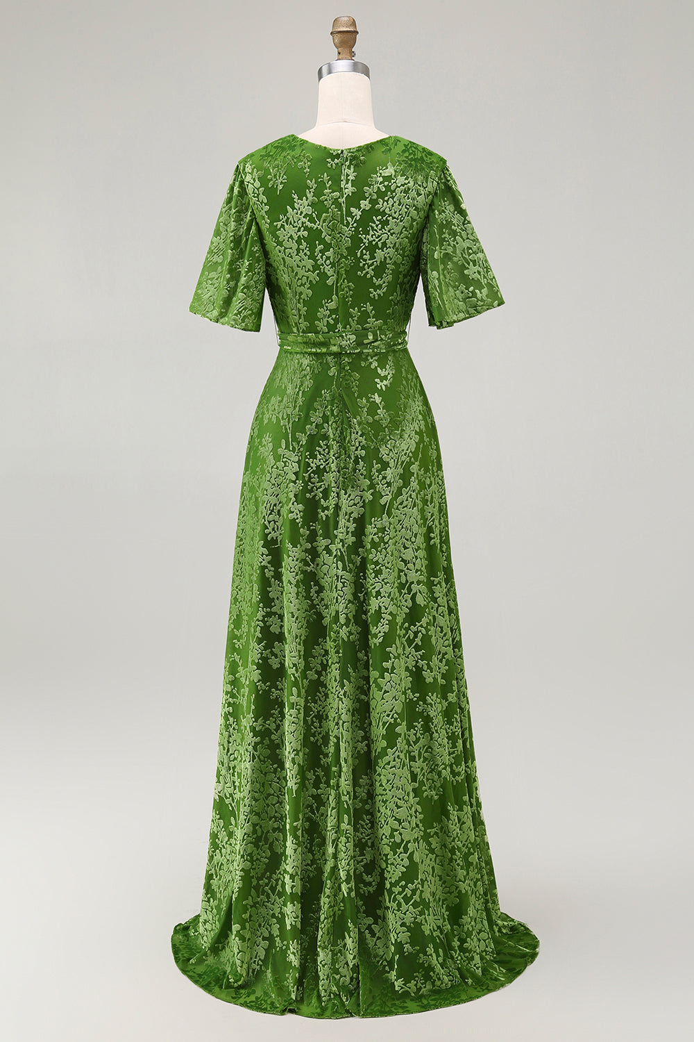 Pine A Line V Neck Burnout Velvet Long Prom Dress with Short Sleeves
