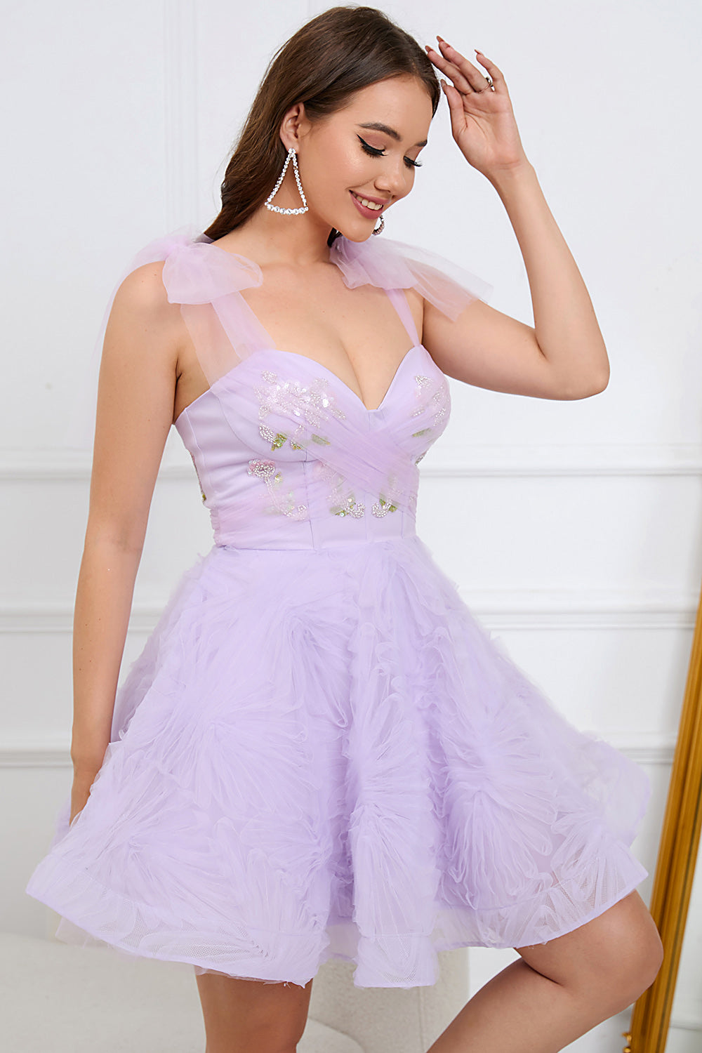 Green V neck Short Tulle Homecoming Dress