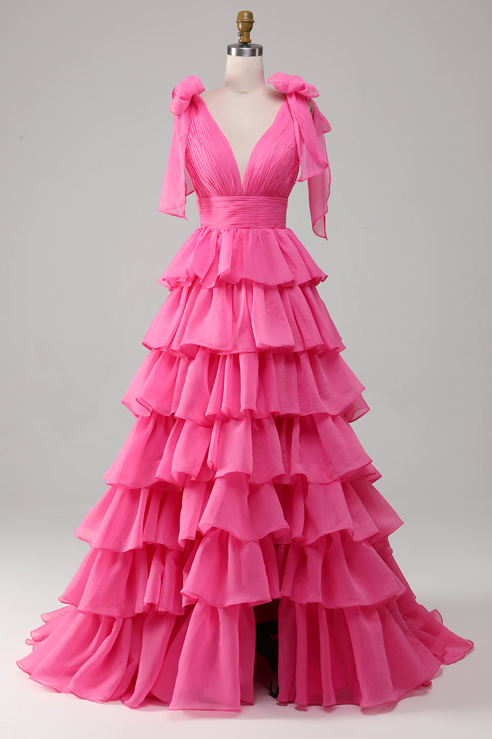 Golden A-Line V-Neck Pleated Tiered Backless Long Prom Dress With Slit