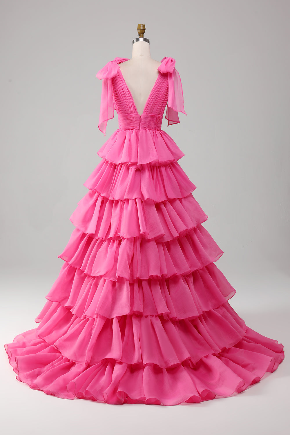 Golden A-Line V-Neck Pleated Tiered Backless Long Prom Dress With Slit