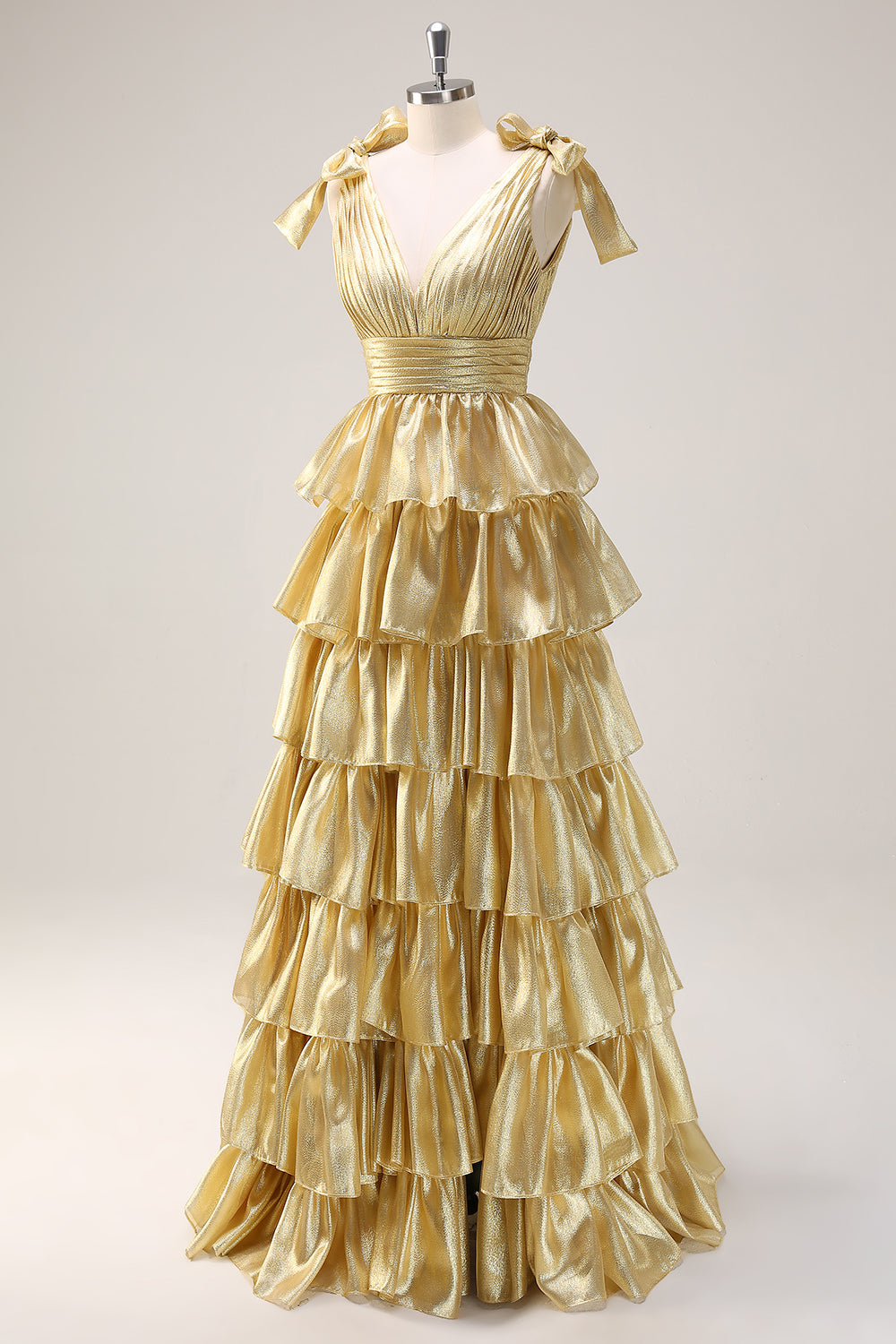 Golden A-Line V-Neck Pleated Tiered Backless Long Prom Dress With Slit