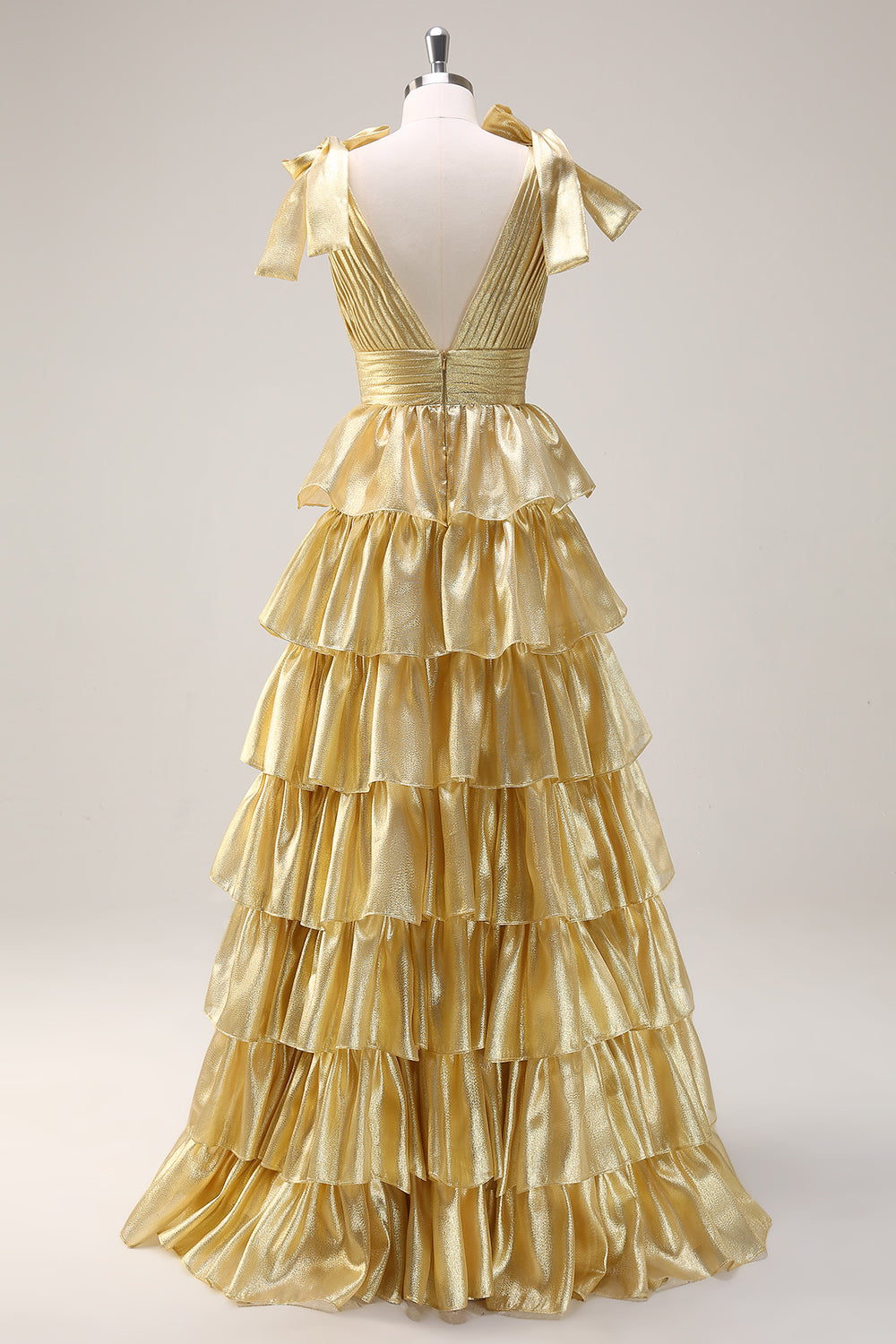 Golden A-Line V-Neck Pleated Tiered Backless Long Prom Dress With Slit