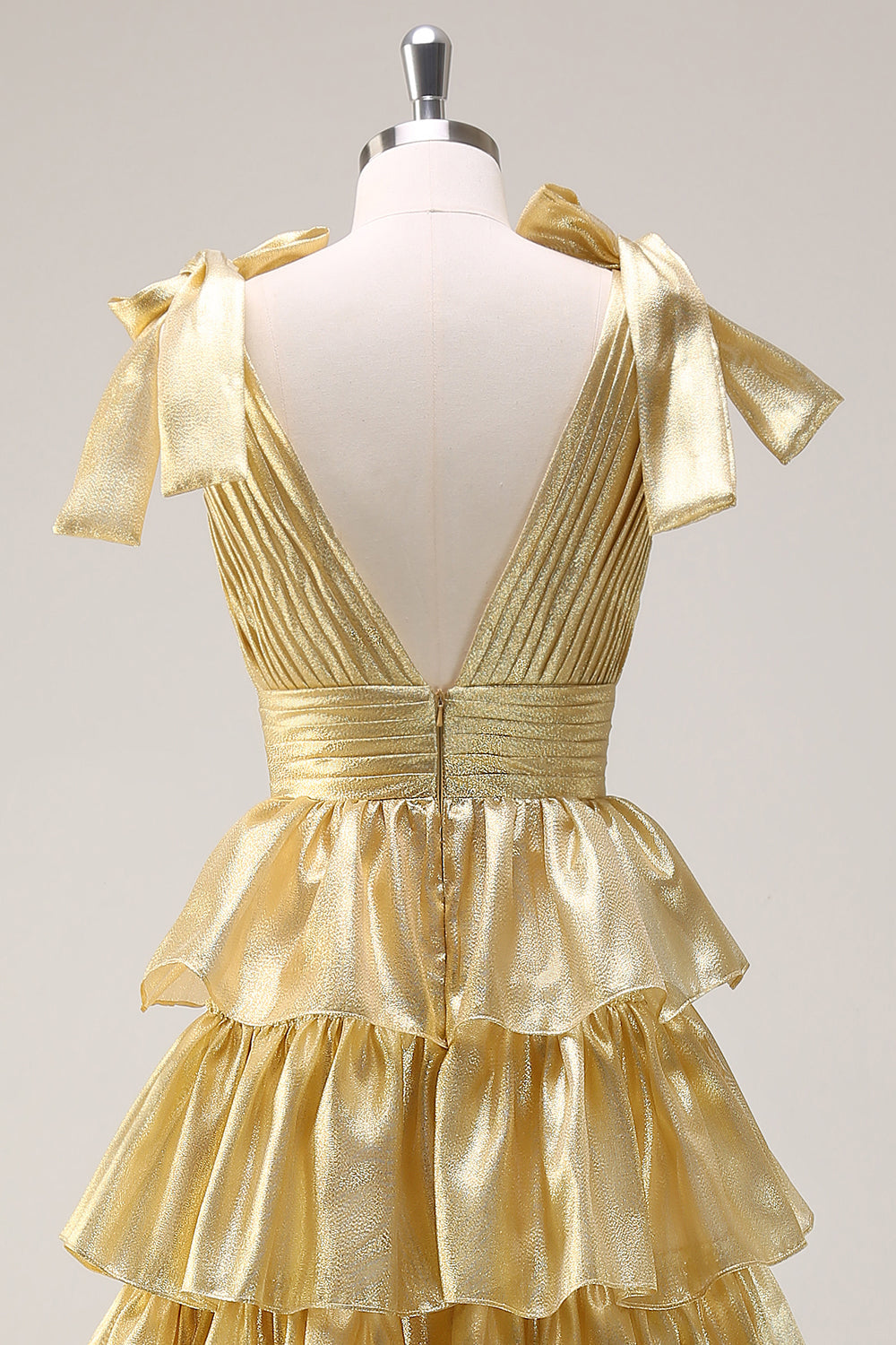 Golden A-Line V-Neck Pleated Tiered Backless Long Prom Dress With Slit