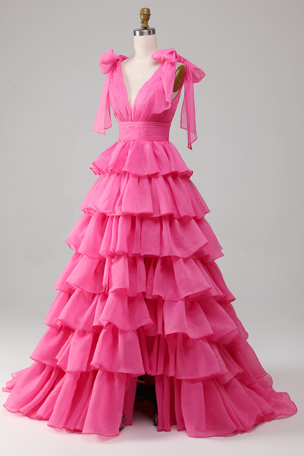 Golden A-Line V-Neck Pleated Tiered Backless Long Prom Dress With Slit
