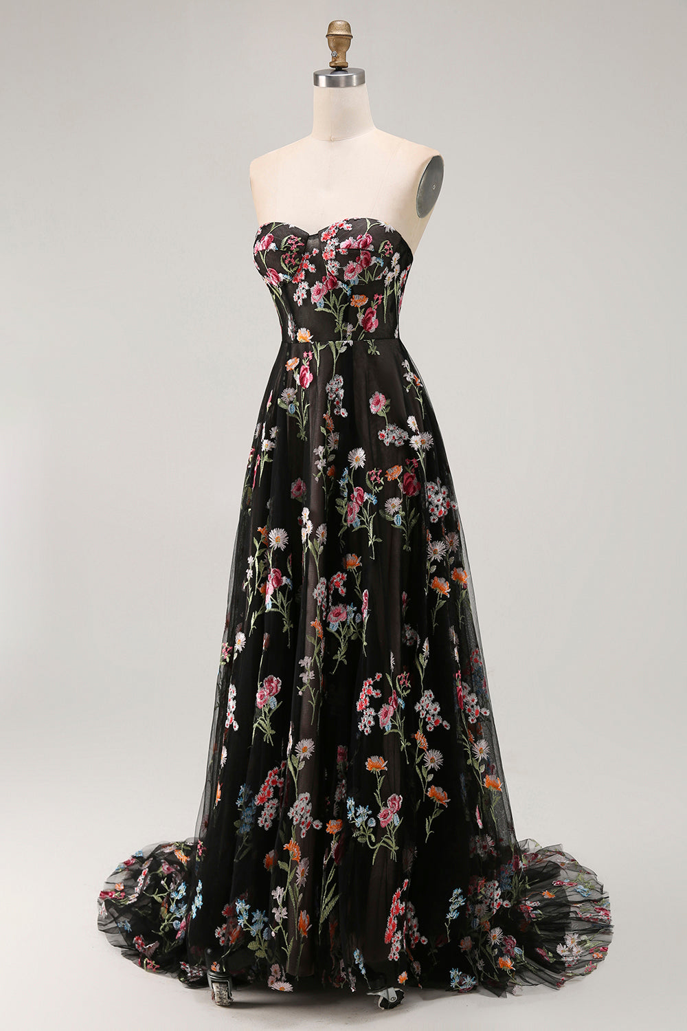 Black Strapless Floral A Line Long Prom Dress