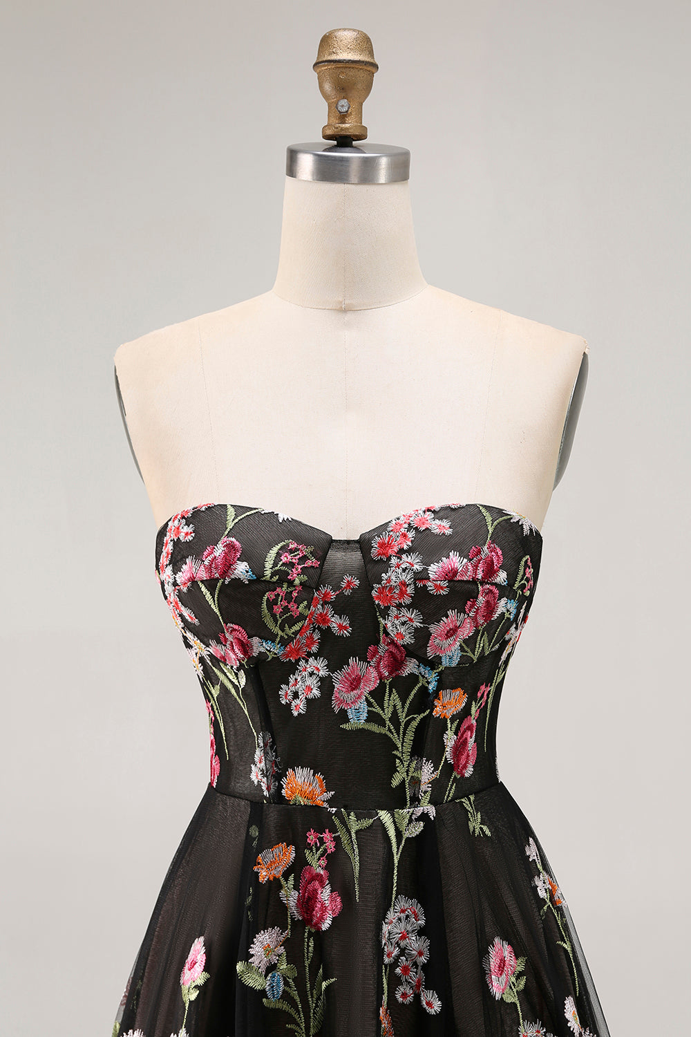 Black Strapless Floral A Line Long Prom Dress