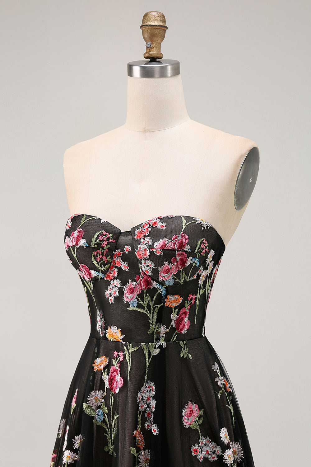Black Strapless Floral A Line Long Prom Dress