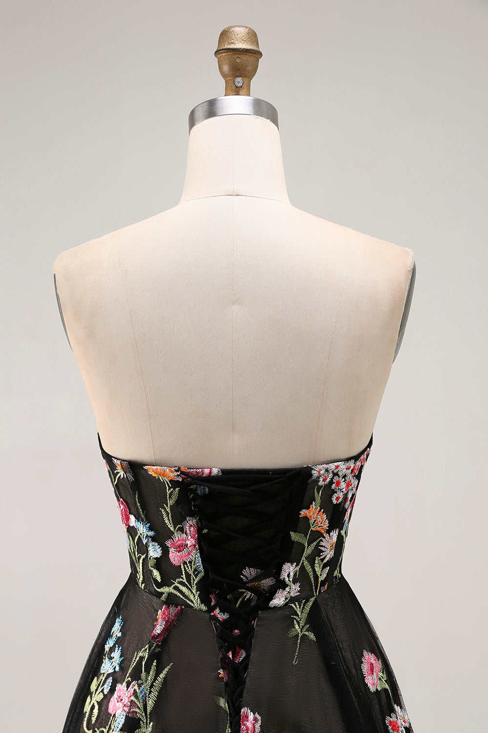 Black Strapless Floral A Line Long Prom Dress