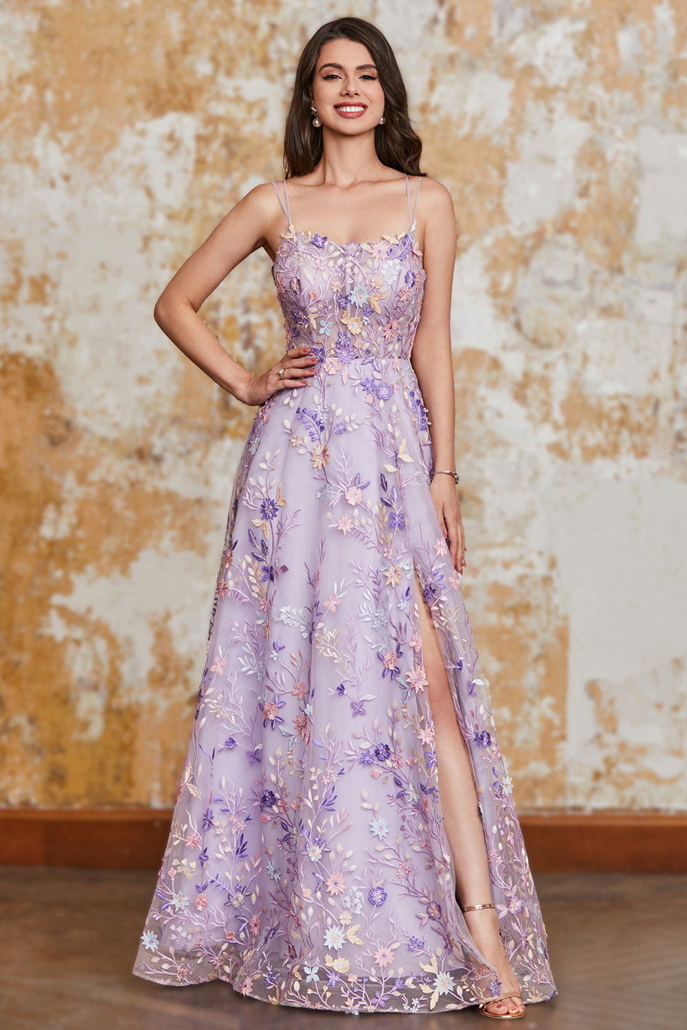 Mauve A-Line Spaghetti Straps Long Prom Dress with Appliques