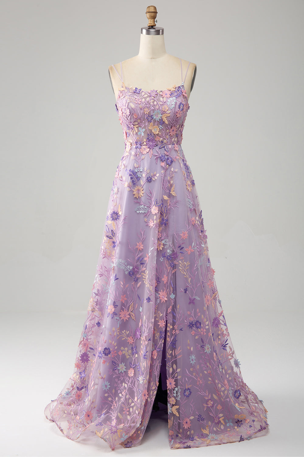 Gorgeous A Line Spaghetti Straps Light Purple Long Prom Dress with Appliques
