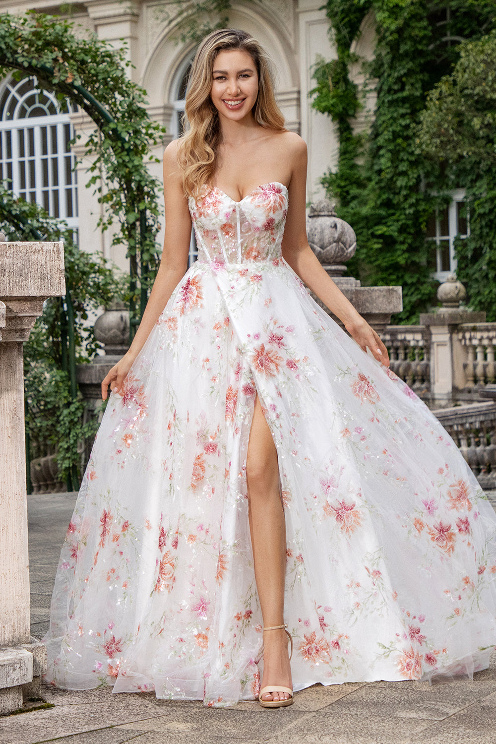 Ivory Flower Prom Dress with Slit A Line Sweetheart Embroidered Corset Long Wedding Dress