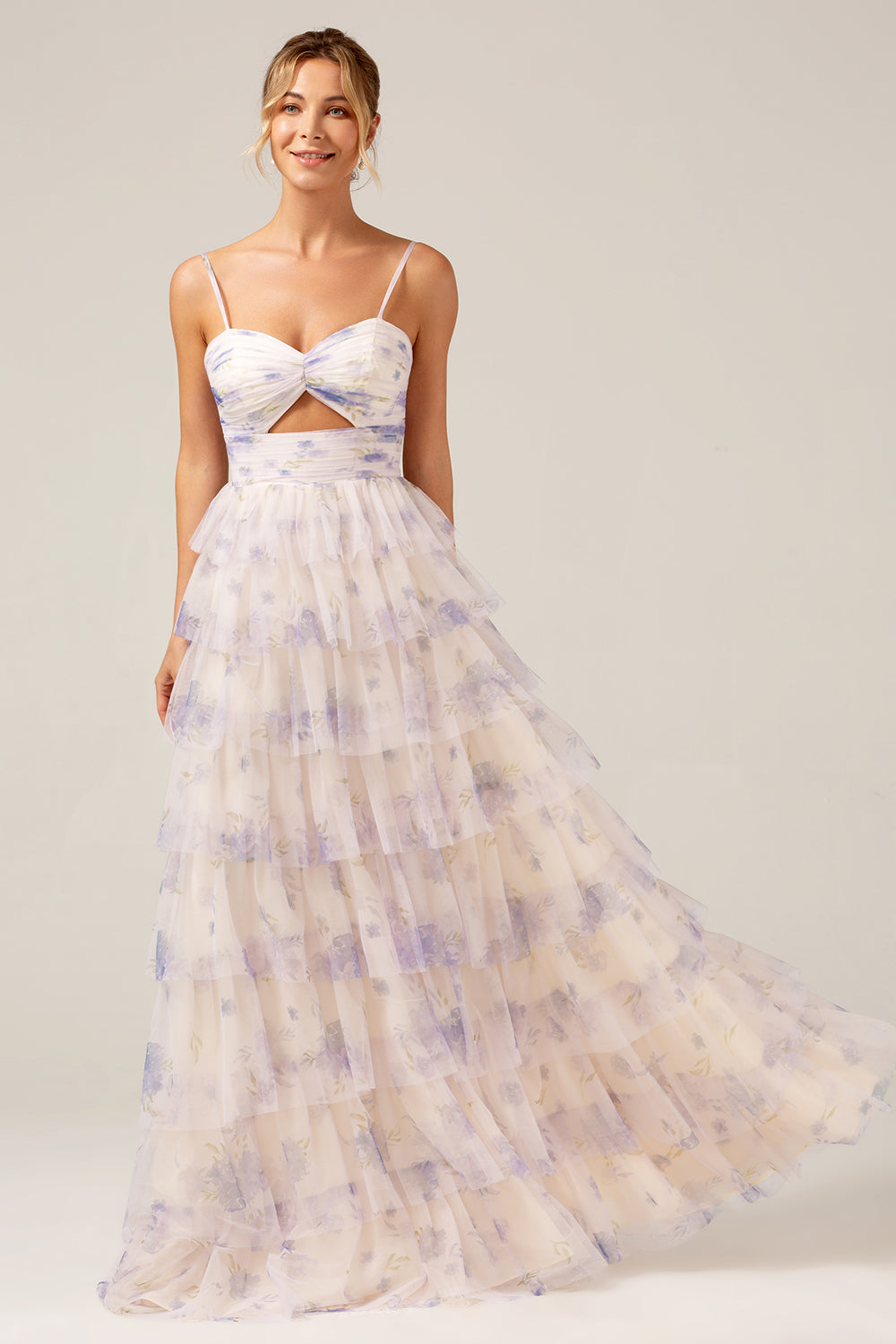 Lavender Flower Princess Spaghetti Straps Tiered Prom Dress with Pleated