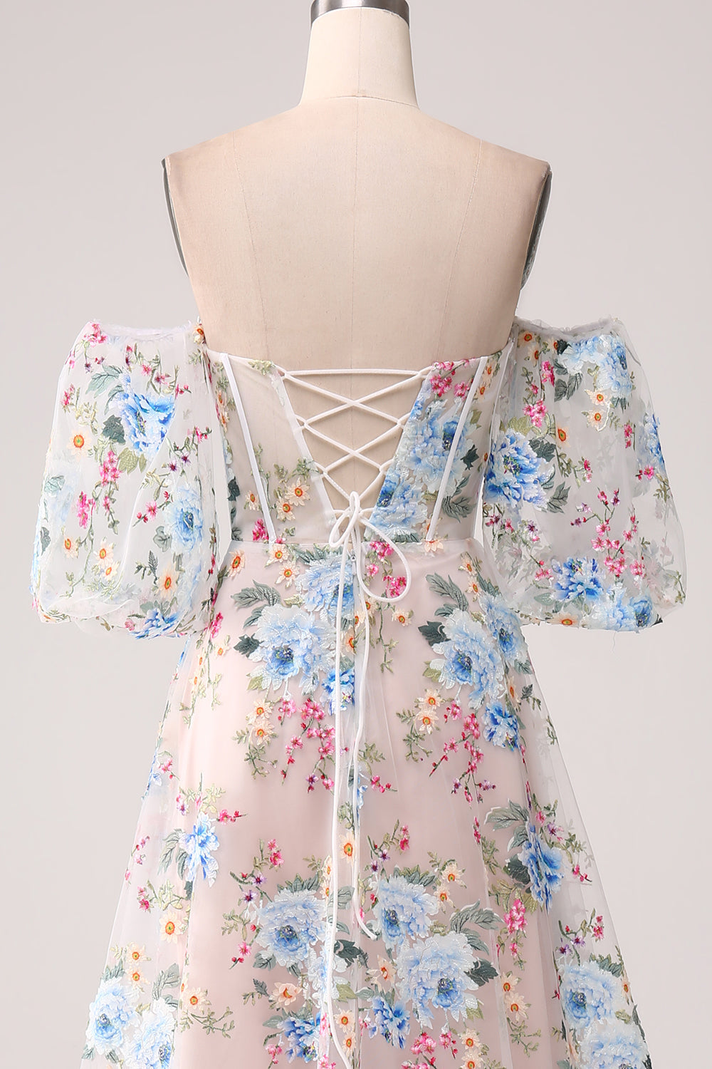 A-Line Apricot Flower Off the Shoulder Long Corset Prom Dress