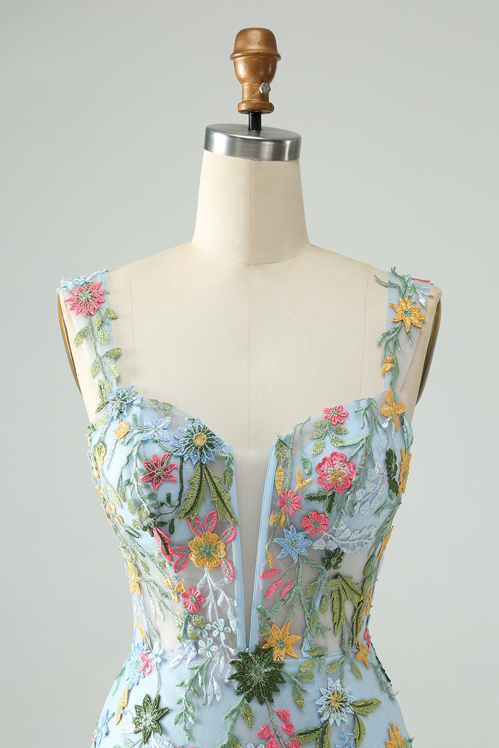 Blue Floral Bodycon Spaghetti Straps Embroidered Short Homecoming Dress