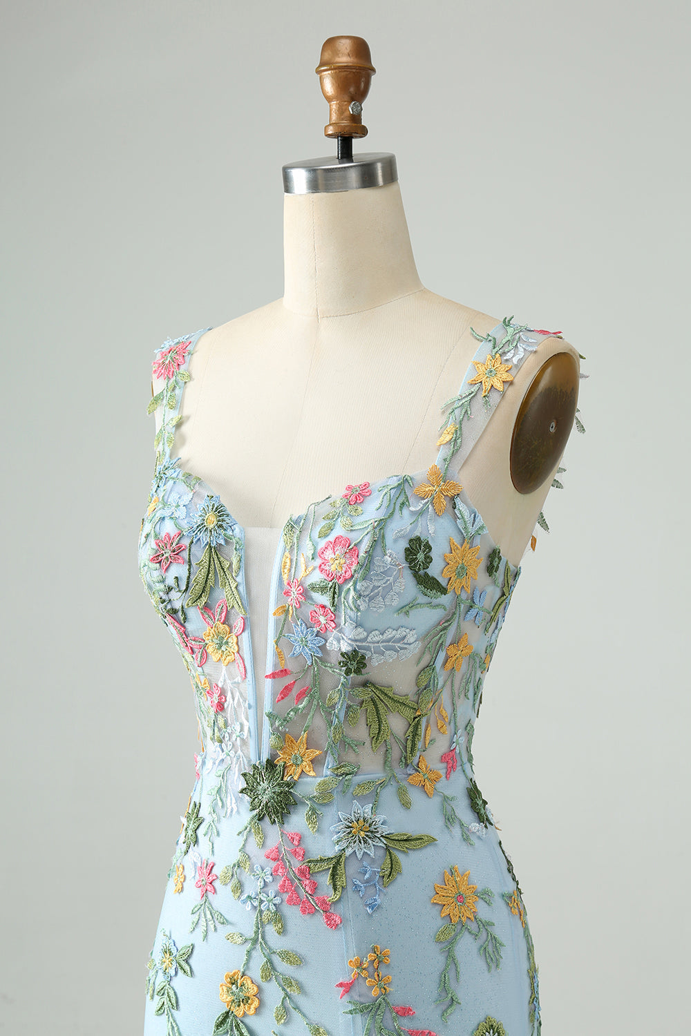 Blue Floral Bodycon Spaghetti Straps Embroidered Short Homecoming Dress