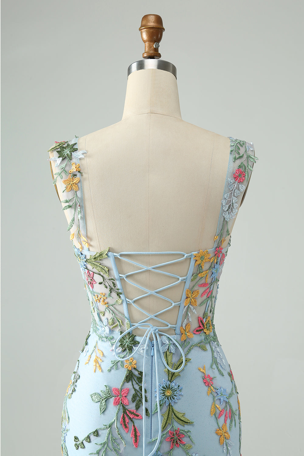 Blue Floral Bodycon Spaghetti Straps Embroidered Short Homecoming Dress
