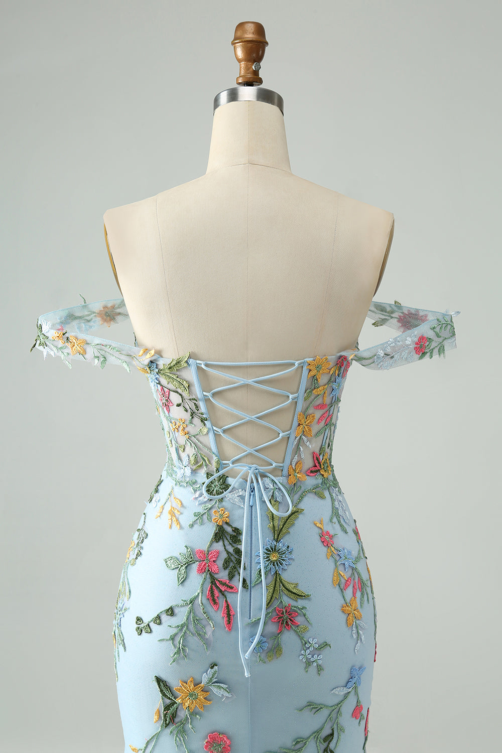 Blue Floral Bodycon Spaghetti Straps Embroidered Short Homecoming Dress
