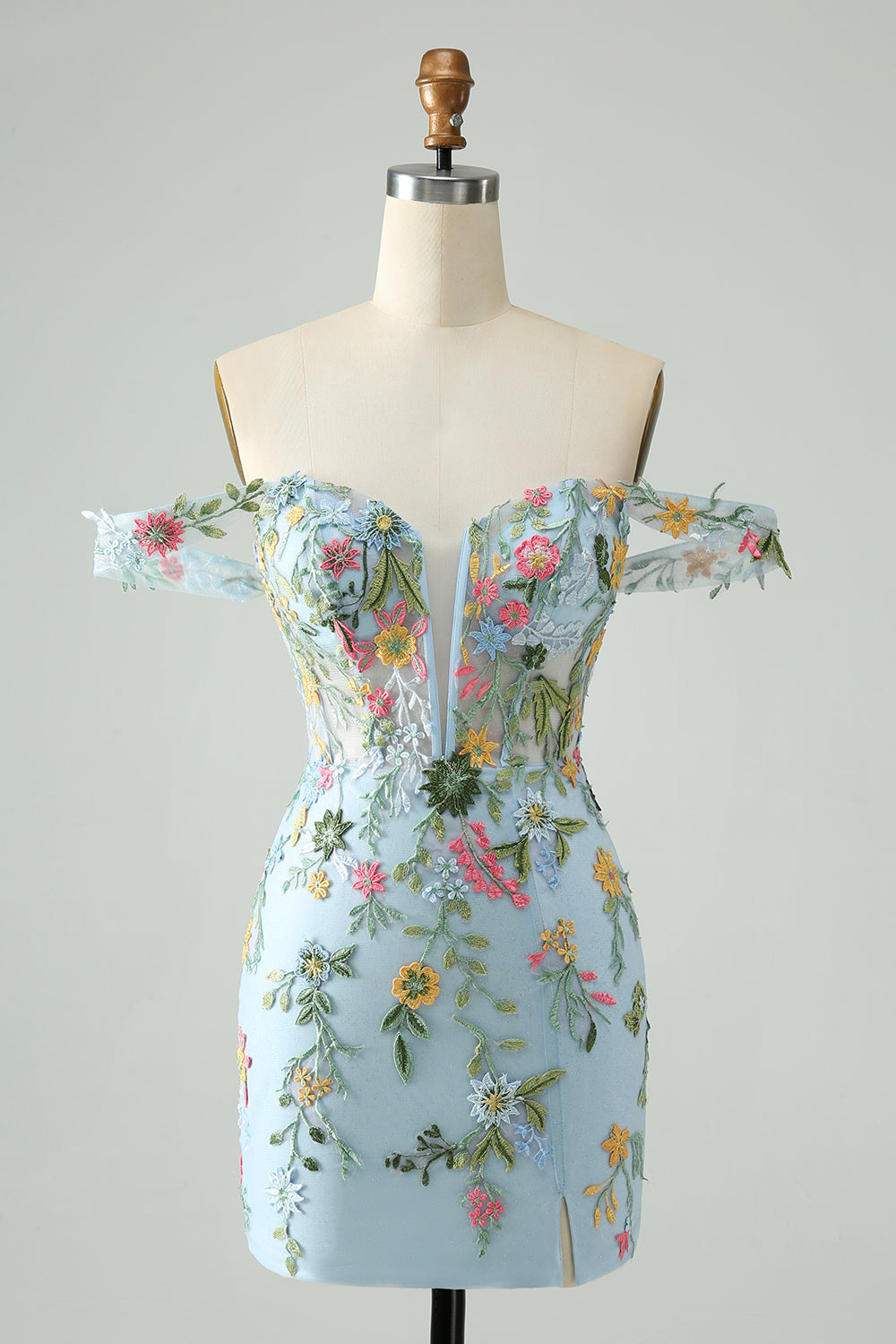Blue Floral Bodycon Spaghetti Straps Embroidered Short Homecoming Dress