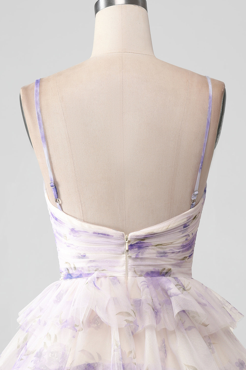 Lavender Flower A Line Spaghetti Straps Tiered Pleated Short Homecoming Dress - Fashionpara
