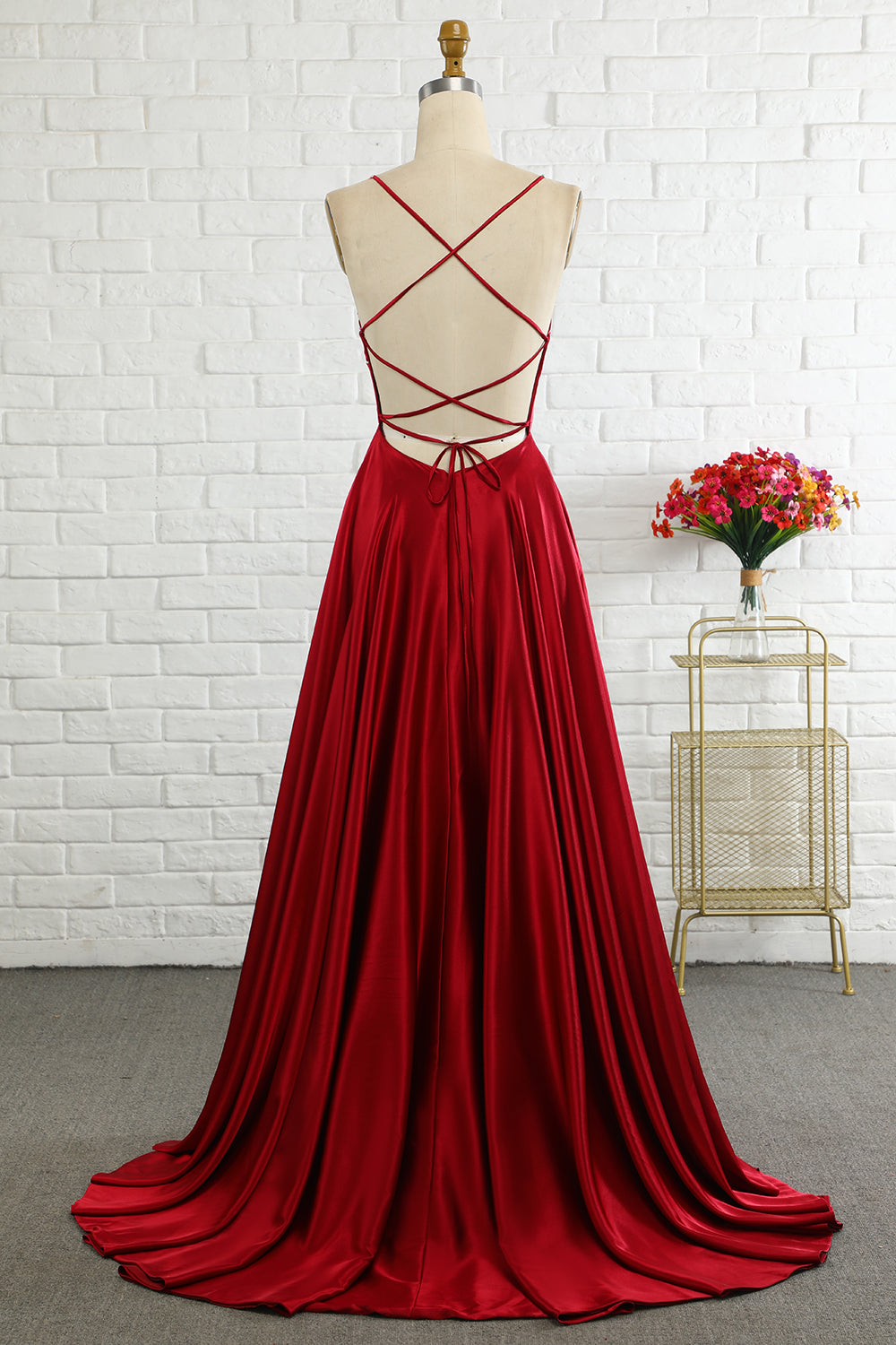 Simple A Line Spaghetti Straps Burgundy Long Bridesmaid Dress with Cirss Cross Back - Fashionpara